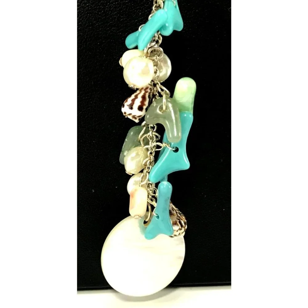 Silver Tone Cluster Fringe Y-Drop Necklace Faux Blue Coral n Pearls Real Shells - Picture 3 of 6